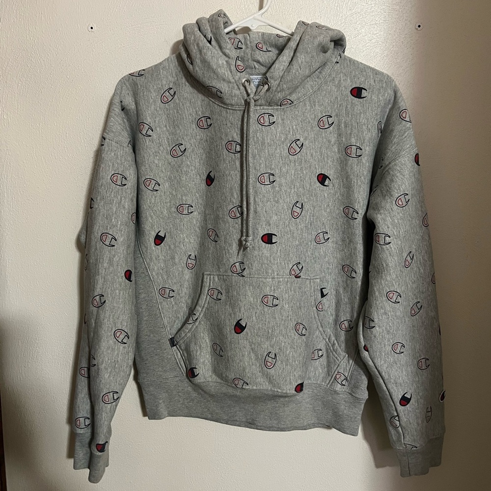 CHAMPION Classic Reverse Weave Logo Print Hoodie Grey Red Blue Boy's Size Medium